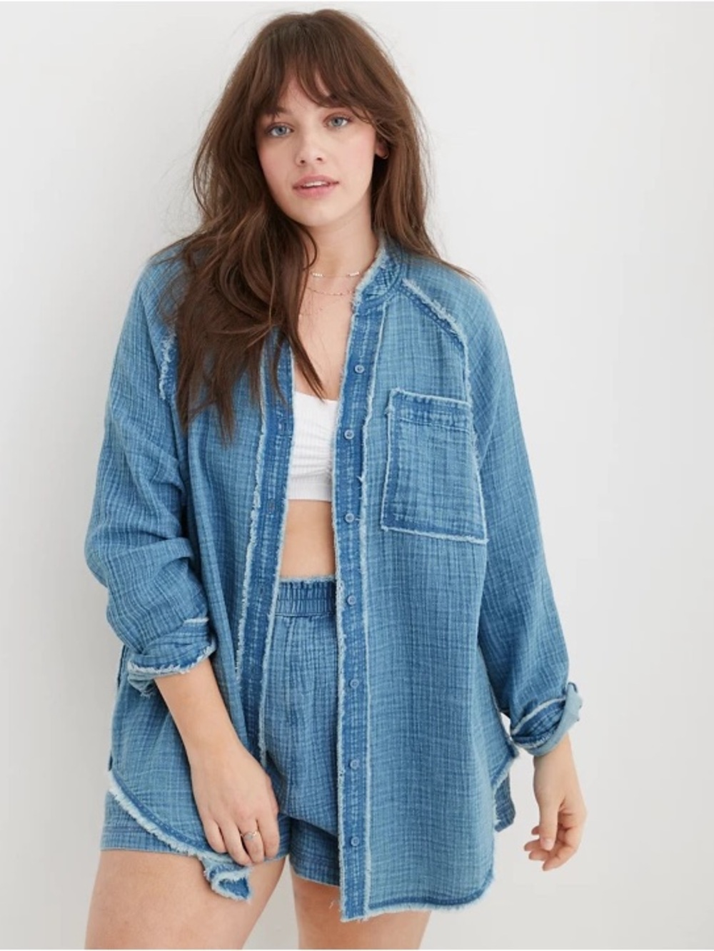 Aerie Gauzy Coverup Shirt Light Wash Blue Oversized Slouchy Comfy Relaxed